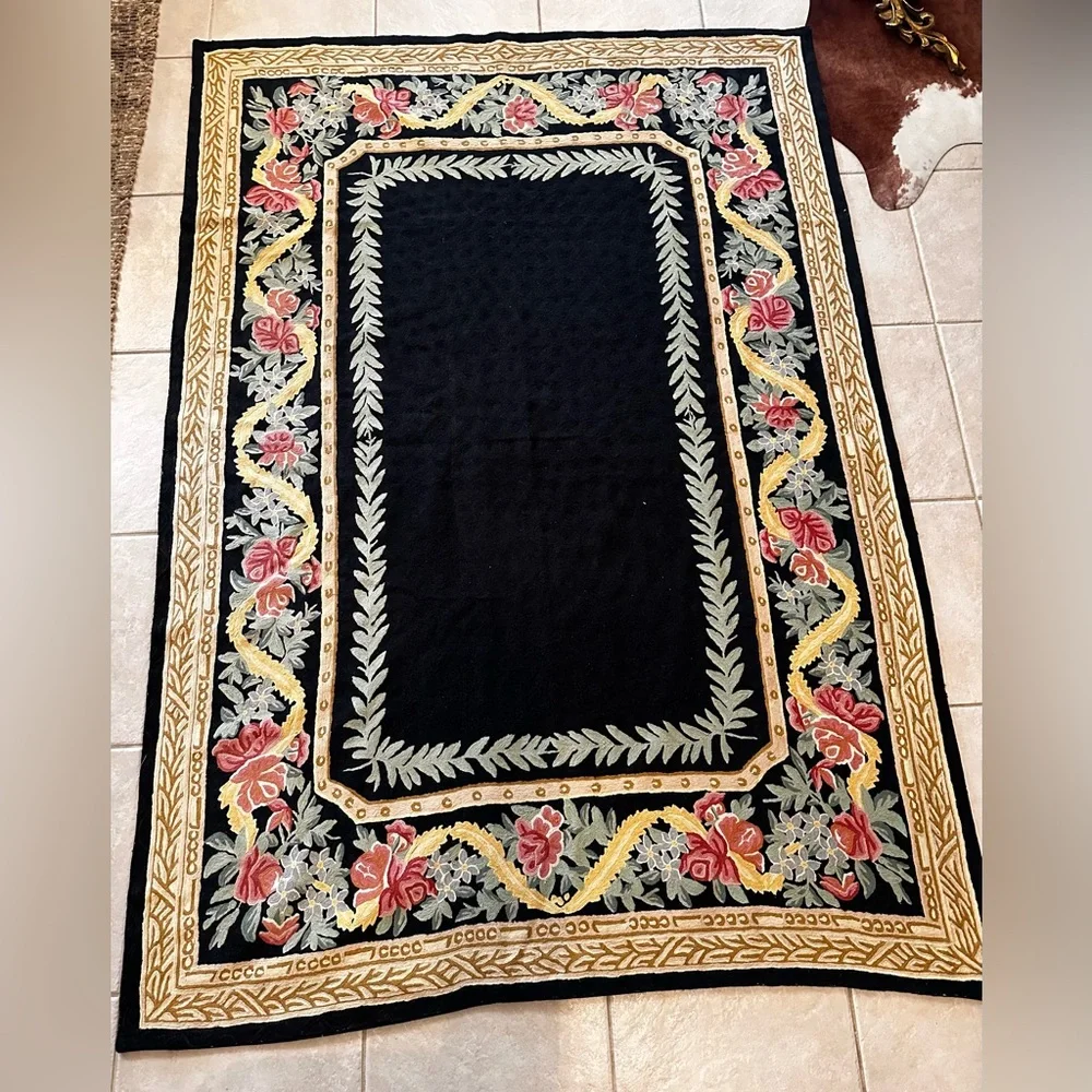 Vintage Ralph Lauren Black Floral Crewel Wool Rug 5x7